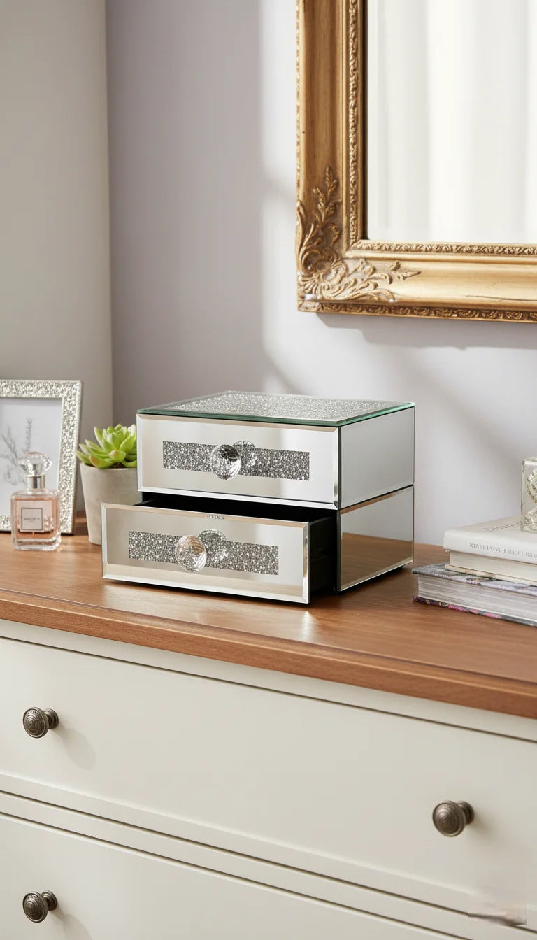 Luxury Crushed Crystal Mirror Jewellery Box with 2 Drawers | Sparkle Decors