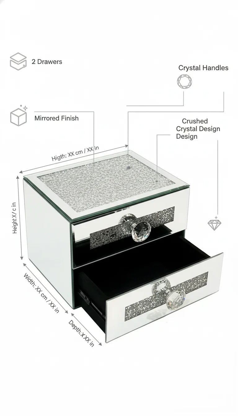 Luxury Crushed Crystal Mirror Jewellery Box with 2 Drawers | Sparkle Decors