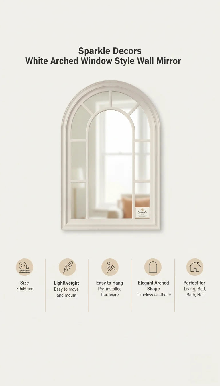 Sparkle Decors White Arched Window Style Wall Mirror - 70x50cm Elegant Modern Wall Décor