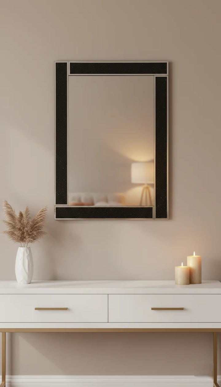 Sparkle Decors Silver Glitter Black Glass Wall Mirror – 40x60cm Elegant Bling Mirror for Bedroom, Bathroom & Living Room