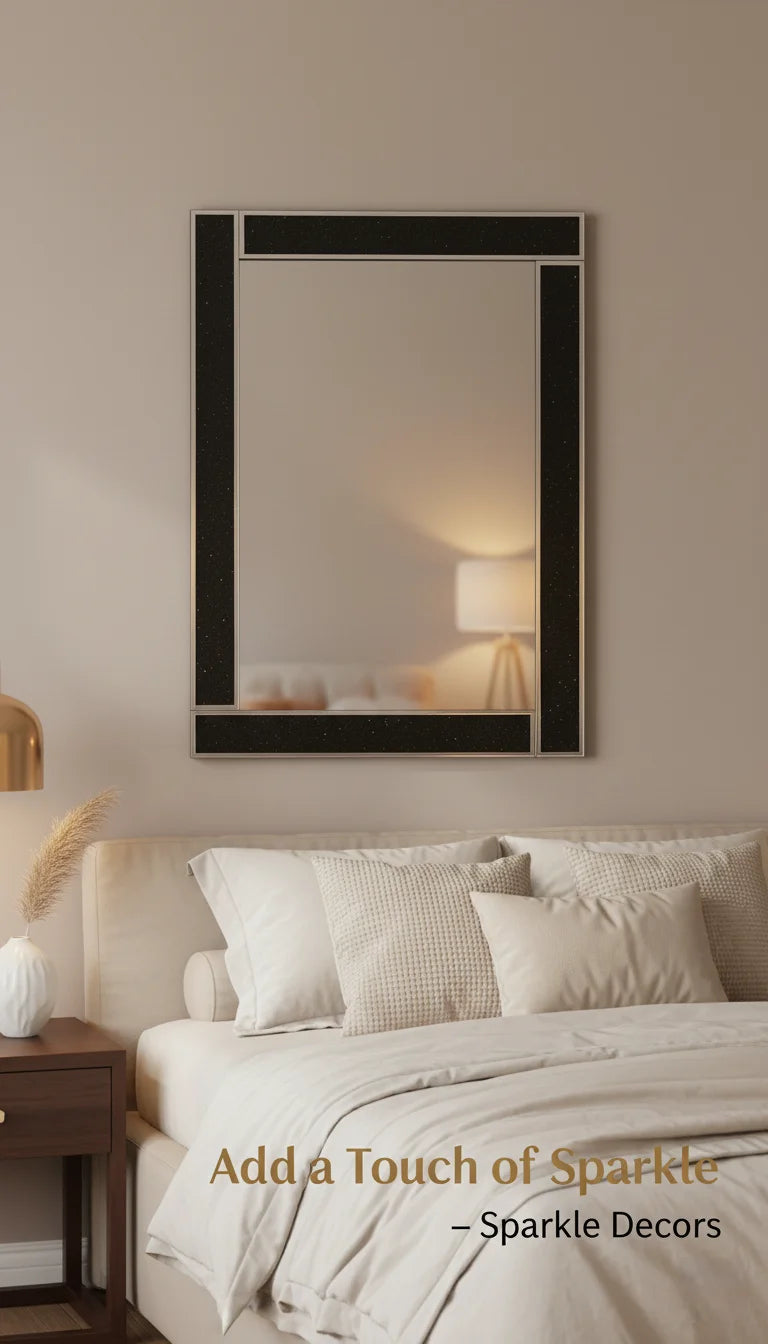 Sparkle Decors Silver Glitter Black Glass Wall Mirror – 40x60cm Elegant Bling Mirror for Bedroom, Bathroom & Living Room