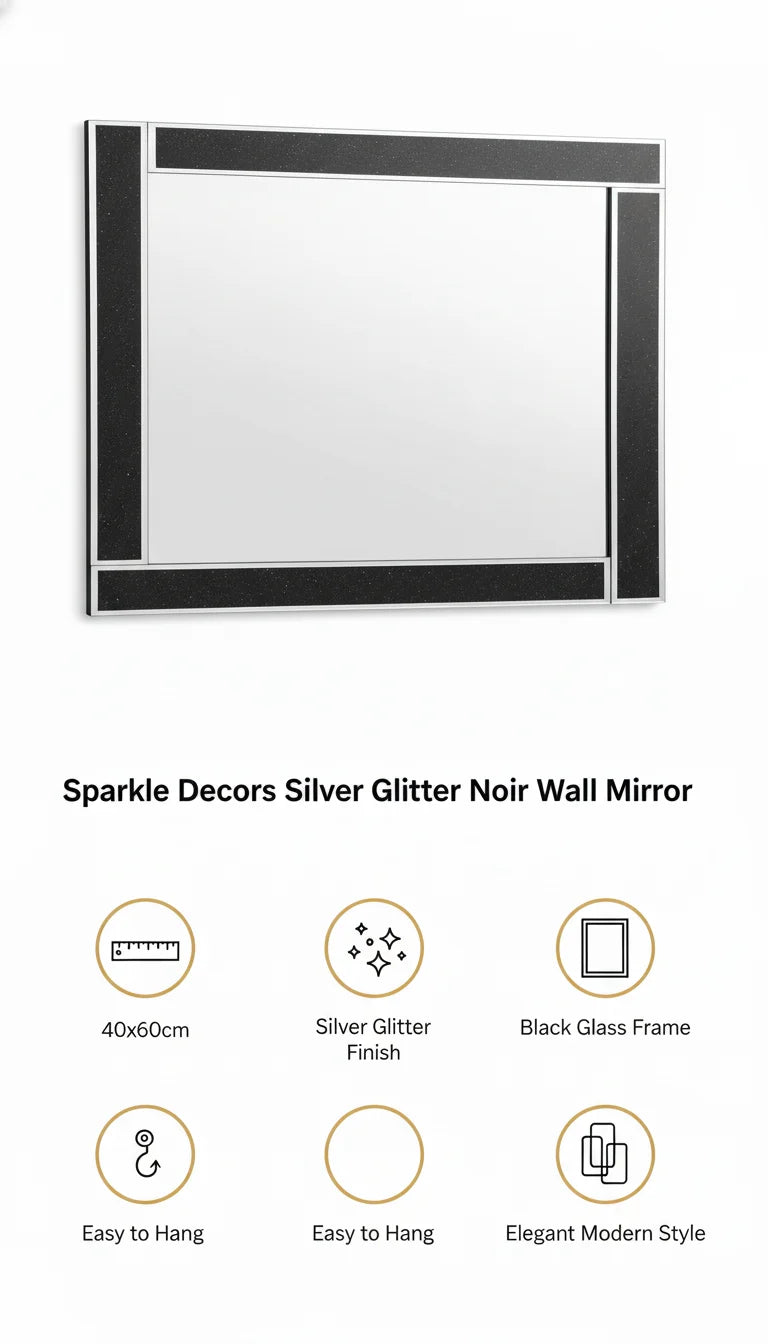 Sparkle Decors Silver Glitter Black Glass Wall Mirror – 40x60cm Elegant Bling Mirror for Bedroom, Bathroom & Living Room
