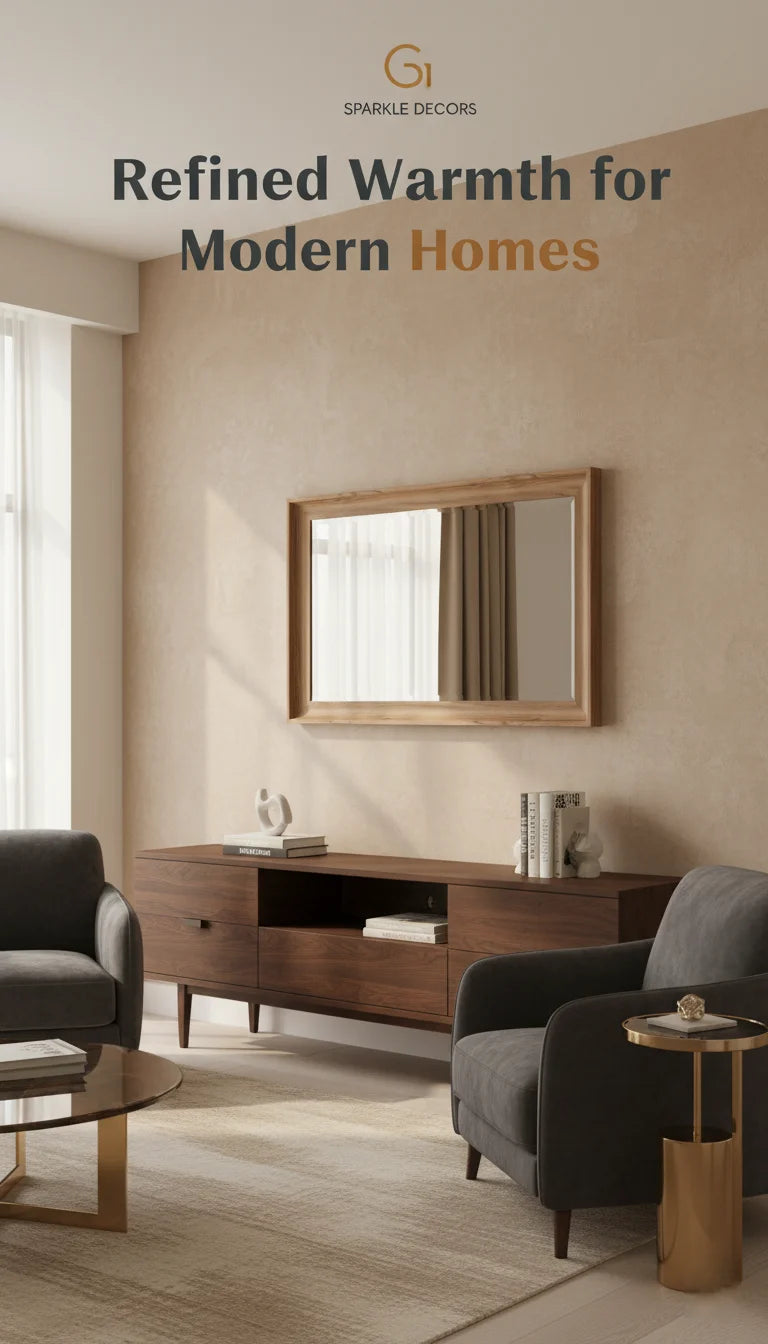 Sparkle Decors Large Walnut Brown Bevelled Wall Mirror 60x90cm – Curved Frame for Living Room, Bedroom & Hallway