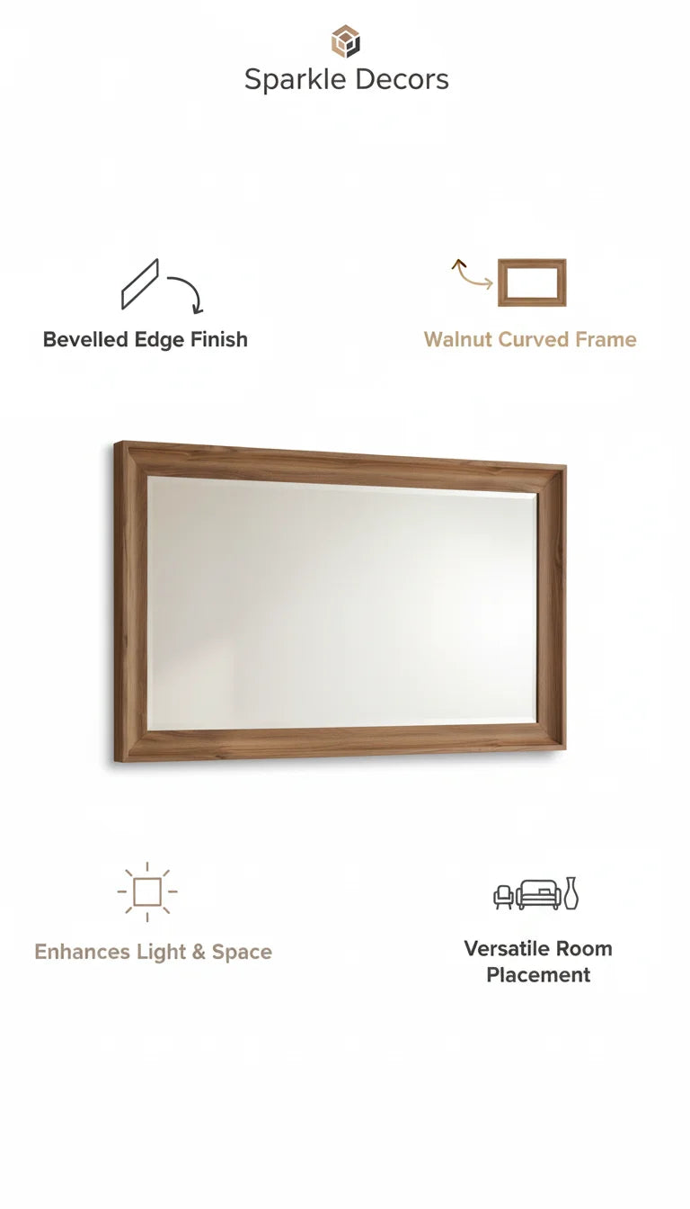 Sparkle Decors Large Walnut Brown Bevelled Wall Mirror 60x90cm – Curved Frame for Living Room, Bedroom & Hallway