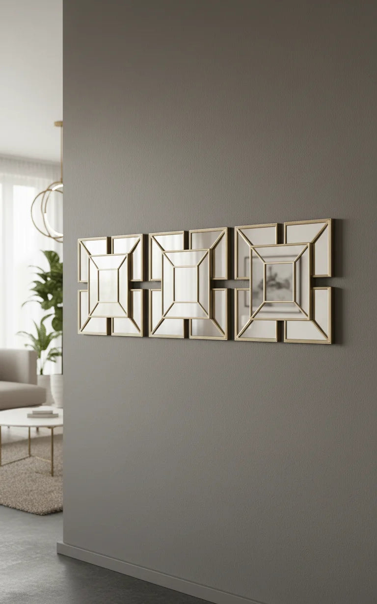 Sparkle Decors Set of 3 Art Deco Wall Mirrors – Elegant 1920s Square Gold Mirrors for Living Room, Bedroom & Hallway (25x25cm)