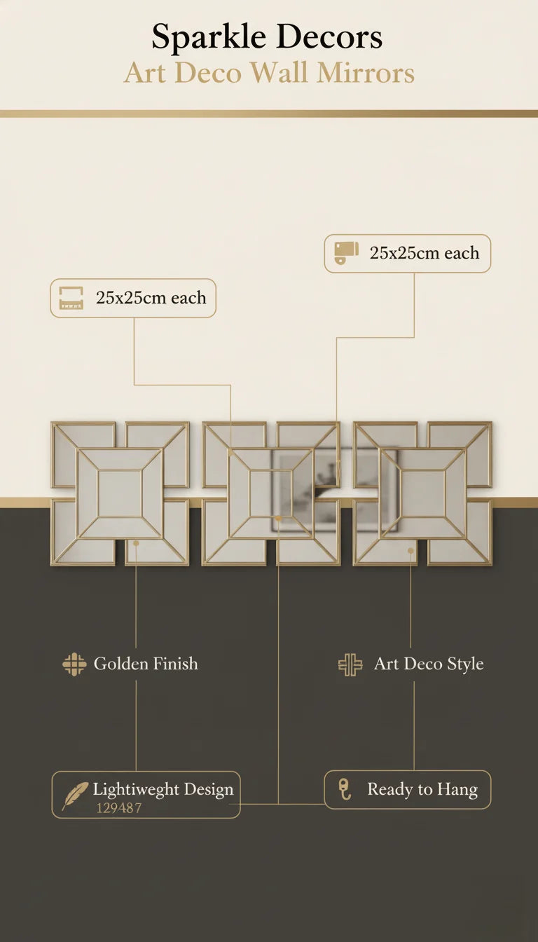 Sparkle Decors Set of 3 Art Deco Wall Mirrors – Elegant 1920s Square Gold Mirrors for Living Room, Bedroom & Hallway (25x25cm)