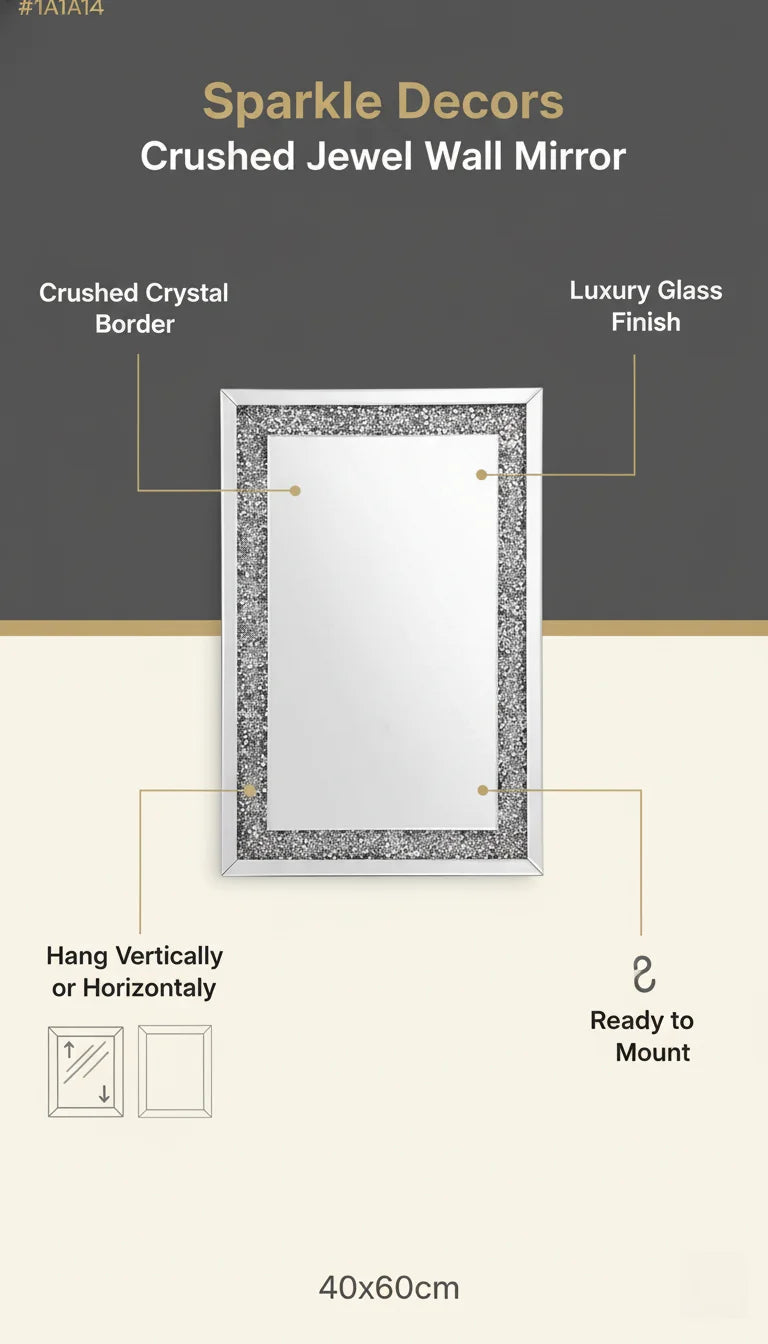 Sparkle Decors Full Border Crushed Jewel Wall Mirror – Diamond Crystal Square Decorative Mirror 40x60cm