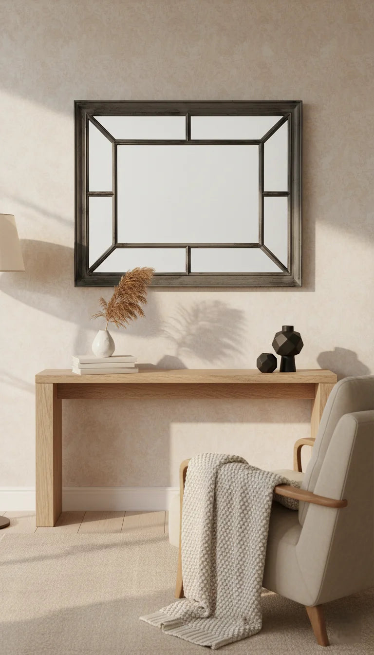 Sparkle Decors Antique Window Style Wall Mirror – Large 76x60cm Rectangular Decorative Mirror, Black Silver Frame, Vintage Home Décor Accent