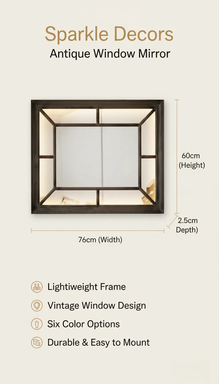 Sparkle Decors Antique Window Style Wall Mirror – Large 76x60cm Rectangular Decorative Mirror, Black Silver Frame, Vintage Home Décor Accent
