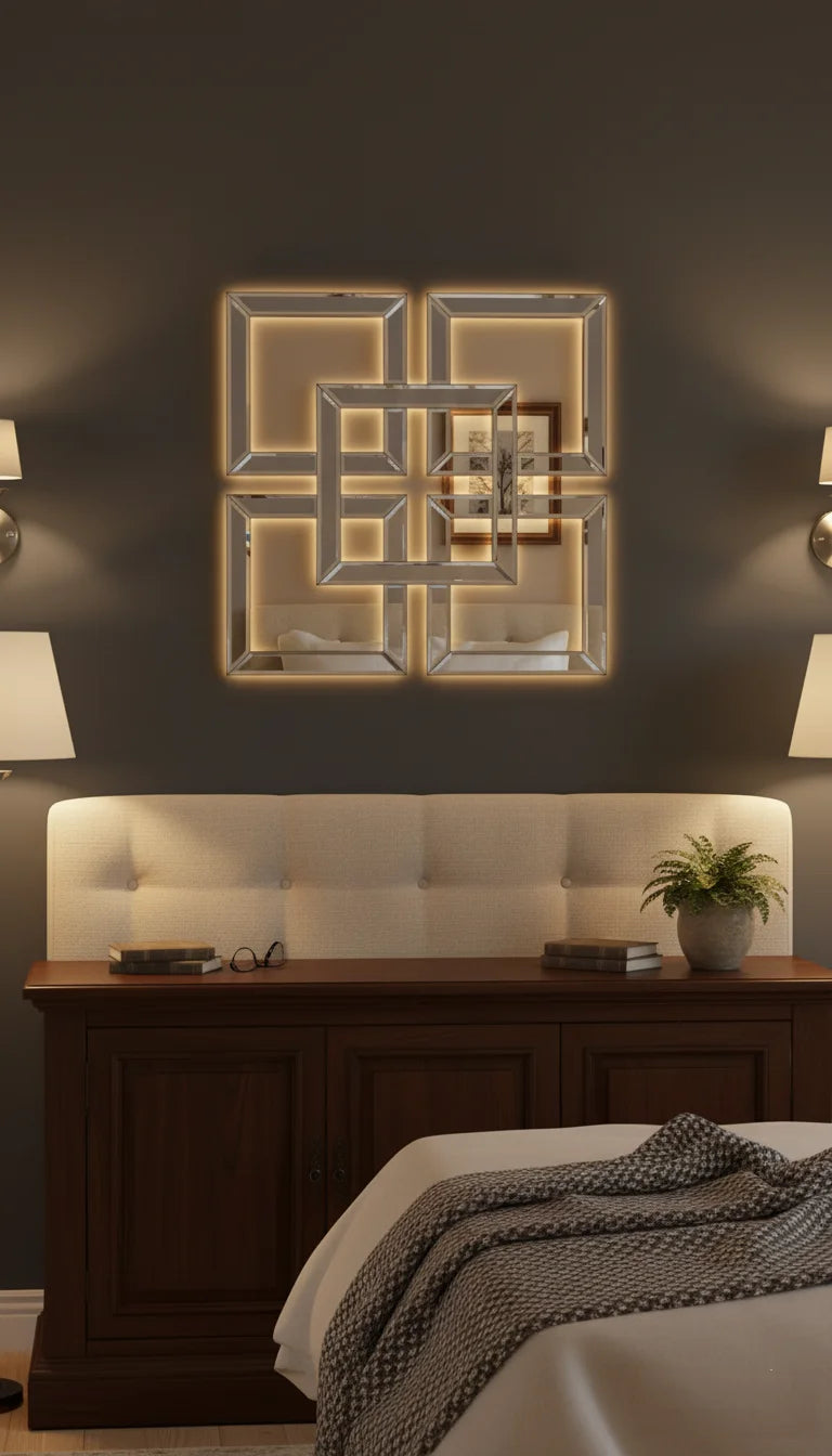 Sparkle Decors Decorative Geo Mirror Set – 5 Square Art Wall Mirrors, Modern Design, 30x30cm, Engineered Wood Frame