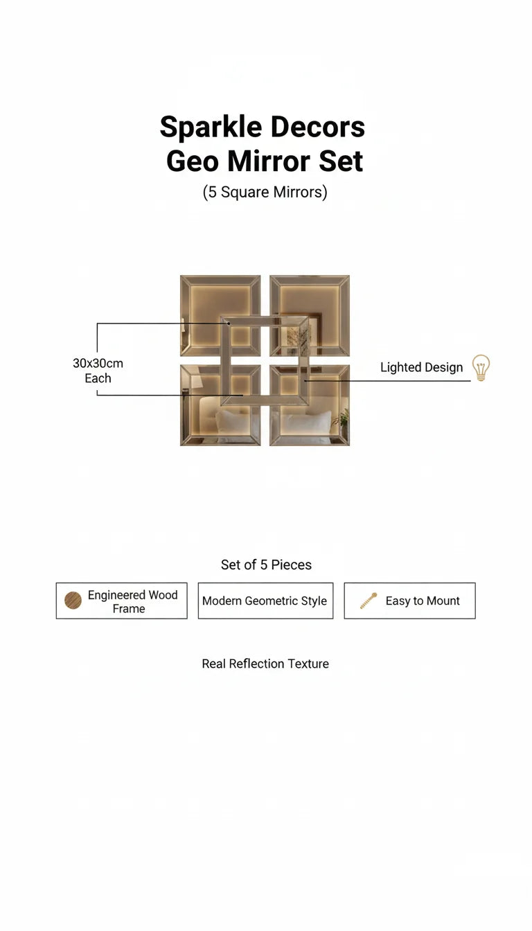 Sparkle Decors Decorative Geo Mirror Set – 5 Square Art Wall Mirrors, Modern Design, 30x30cm, Engineered Wood Frame