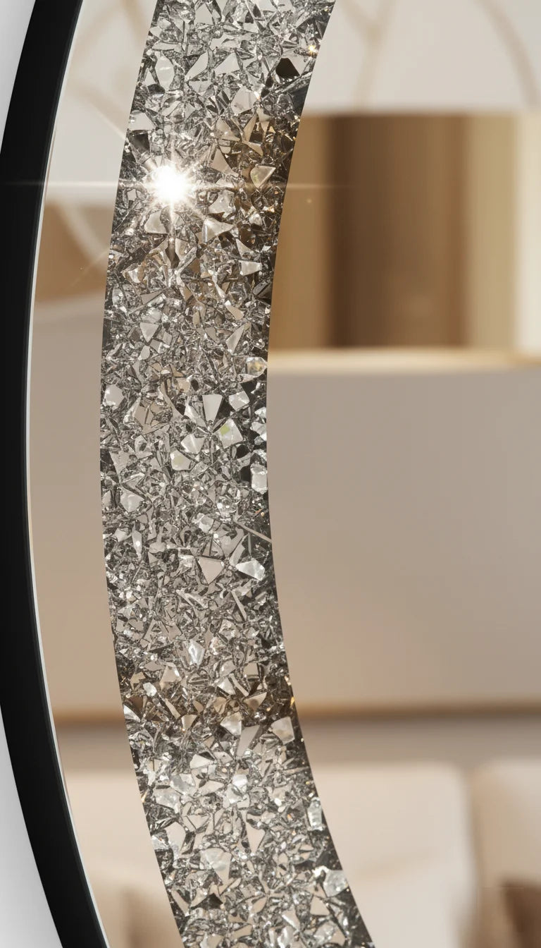 Sparkle Decors Large 80cm Round Jewel Wall Mirror – Crushed Crystal Luxury Decorative Mirror for Living Room, Bedroom, Bathroom