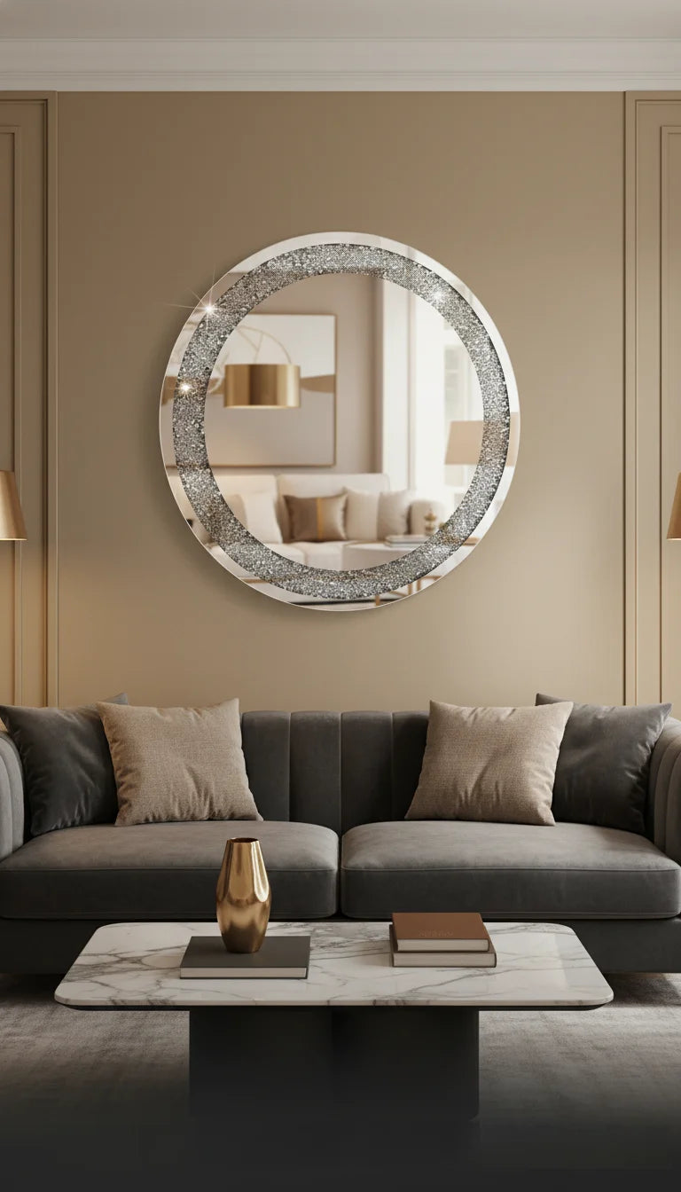 Sparkle Decors Large 80cm Round Jewel Wall Mirror – Crushed Crystal Luxury Decorative Mirror for Living Room, Bedroom, Bathroom