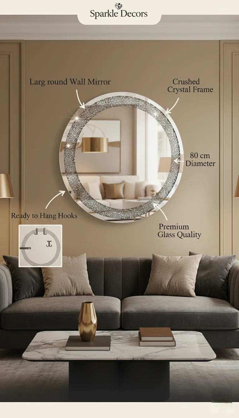 Sparkle Decors Large 80cm Round Jewel Wall Mirror – Crushed Crystal Luxury Decorative Mirror for Living Room, Bedroom, Bathroom