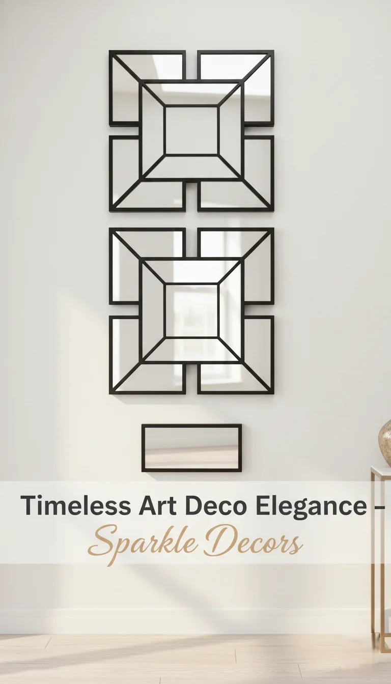 Sparkle Decors Set of 3 Art Deco Wall Mirrors – 1920s Inspired Black Decorative Square Mirrors for Living Room, Bedroom & Hallway