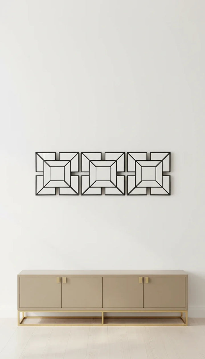 Sparkle Decors Set of 3 Art Deco Wall Mirrors – 1920s Inspired Black Decorative Square Mirrors for Living Room, Bedroom & Hallway