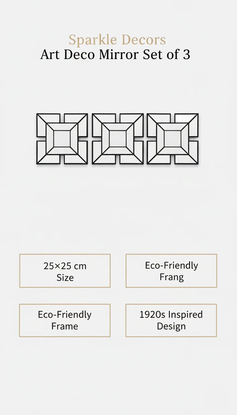 Sparkle Decors Set of 3 Art Deco Wall Mirrors – 1920s Inspired Black Decorative Square Mirrors for Living Room, Bedroom & Hallway