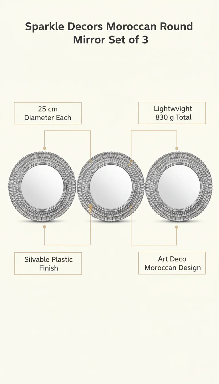 Sparkle Decors Moroccan Style Silver Round Wall Mirror Set of 3 - Art Deco Home Décor