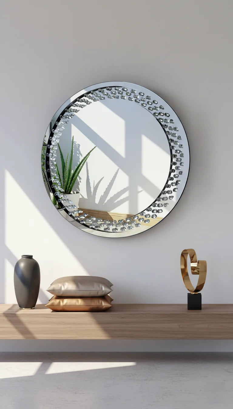 Sparkle Decors Large Floating Jewelled Round Wall Mirror – 60cm Crystal Diamante Glitz Mirror