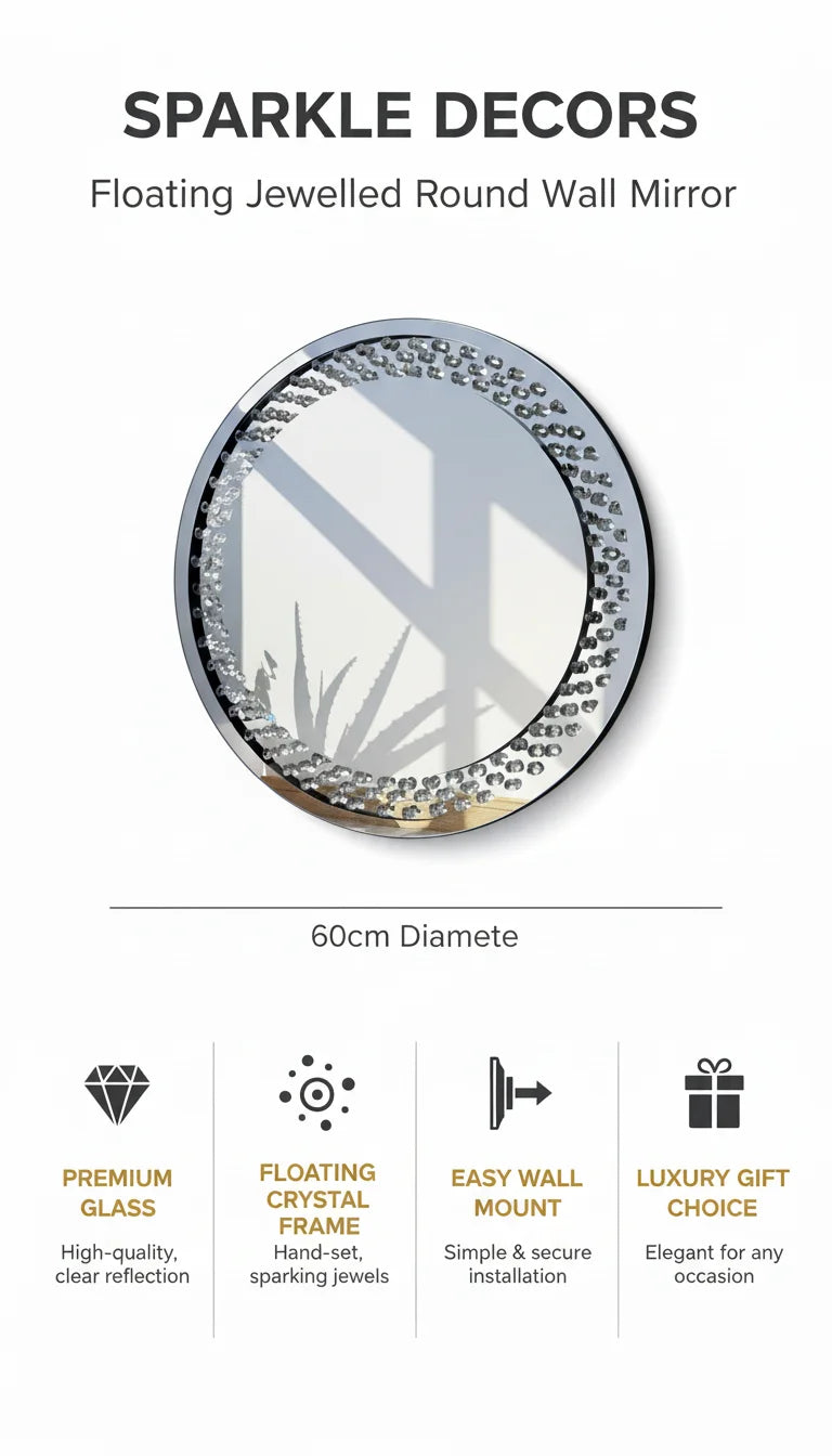 Sparkle Decors Large Floating Jewelled Round Wall Mirror – 60cm Crystal Diamante Glitz Mirror
