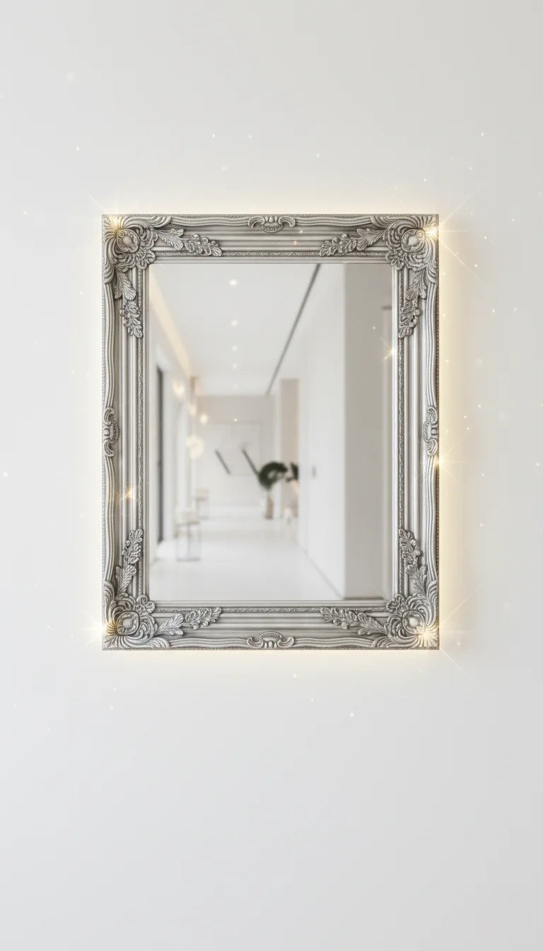 Sparkle Decors Large Silver Ornate Wall Mirror – Rustic French Style Wooden Frame for Hallway & Bathroom (64x54cm)