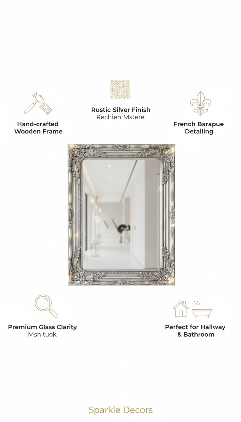 Sparkle Decors Large Silver Ornate Wall Mirror – Rustic French Style Wooden Frame for Hallway & Bathroom (64x54cm)