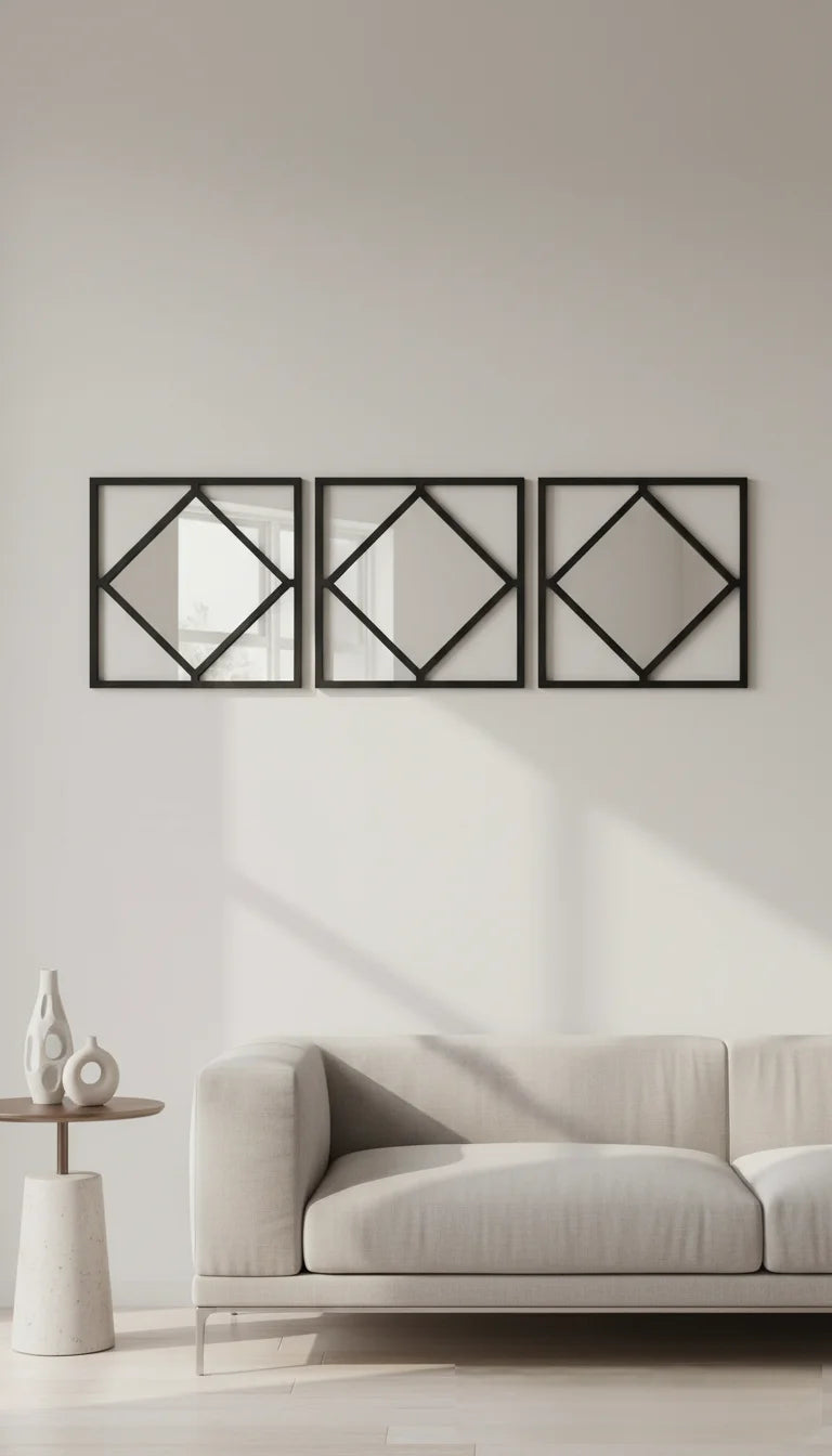 Sparkle Decors Set of 3 Black Diamond Frame Wall Mirrors – Modern Square Art Mirrors for Living Room (40x40cm)