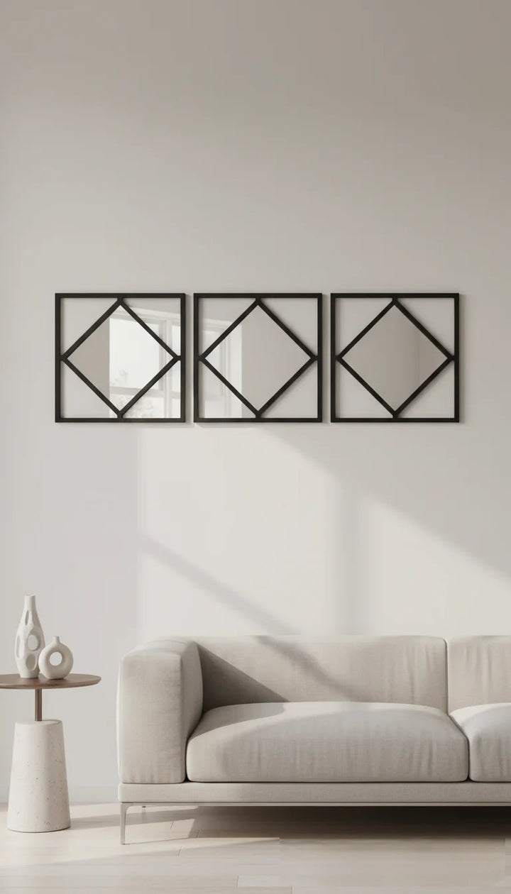 Sparkle Decors Set of 3 Black Diamond Frame Wall Mirrors – Modern Square Art Mirrors for Living Room (40x40cm)