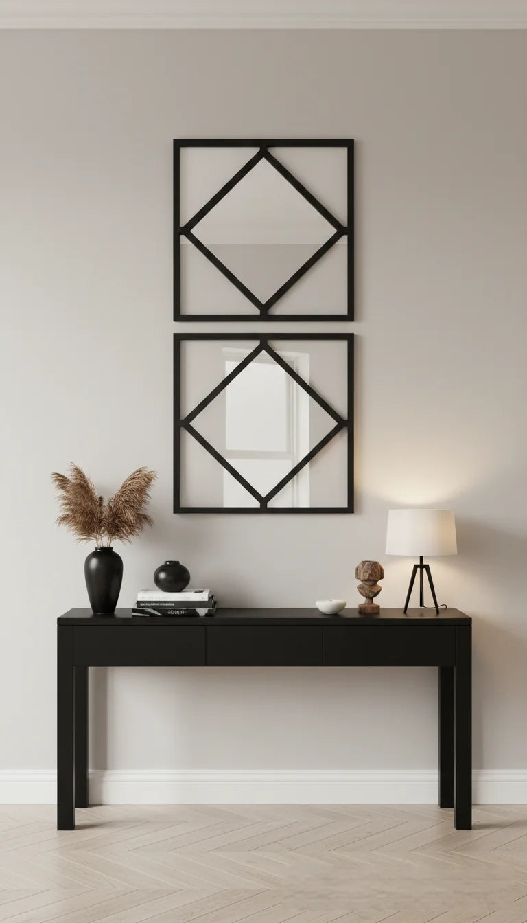 Sparkle Decors Set of 3 Black Diamond Frame Wall Mirrors – Modern Square Art Mirrors for Living Room (40x40cm)