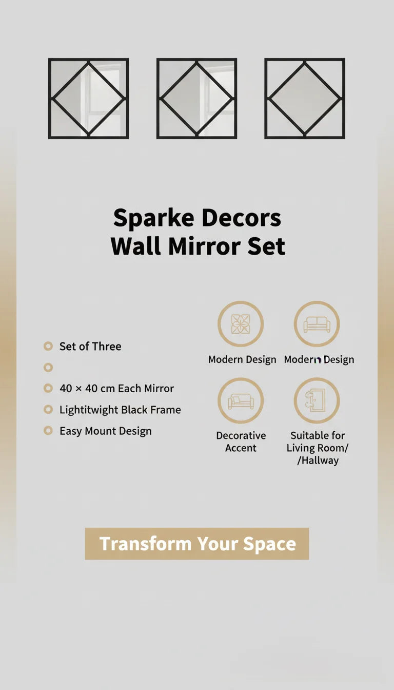 Sparkle Decors Set of 3 Black Diamond Frame Wall Mirrors – Modern Square Art Mirrors for Living Room (40x40cm)