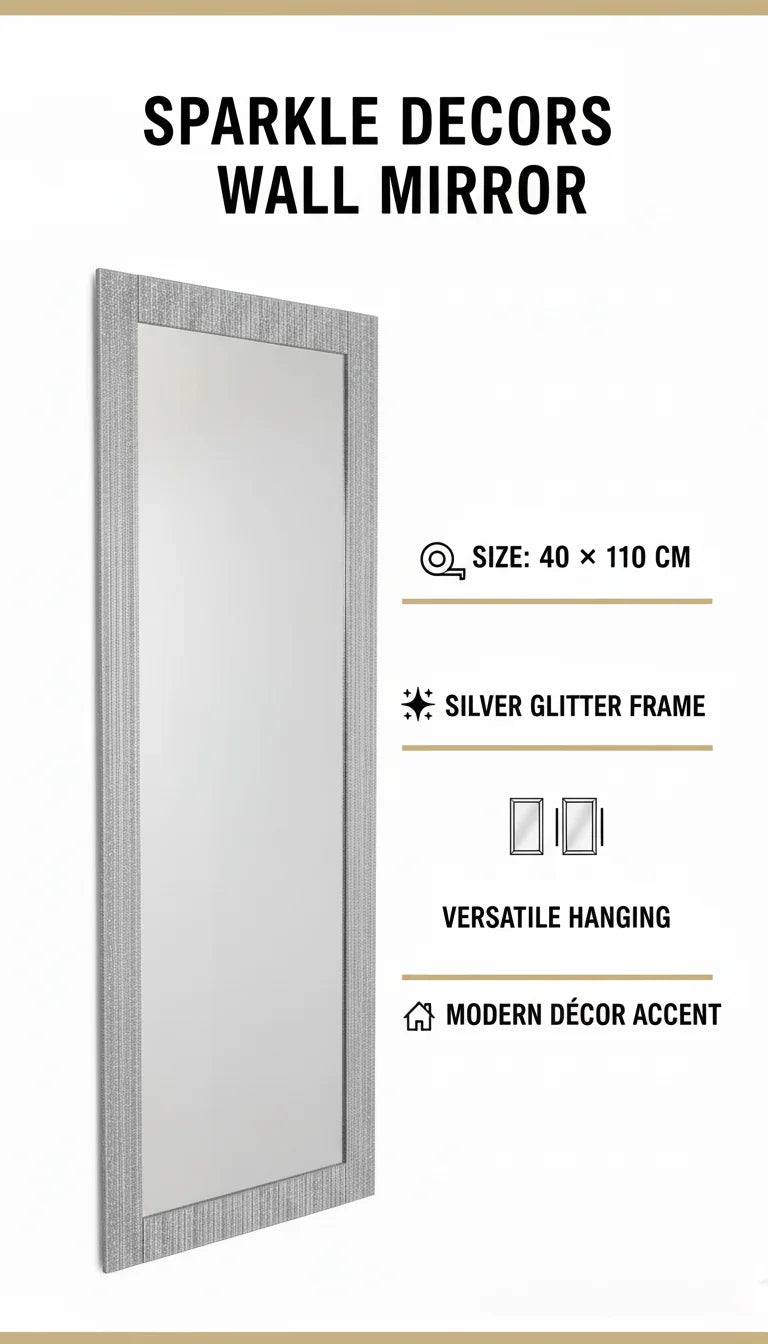 Sparkle Decors Silver Glitter Full-Length Rectangular Wall Mirror 40×110 cm