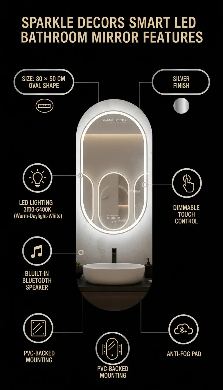 Sparkle Decors Silver Oval Smart LED Bathroom Mirror 80×50 cm