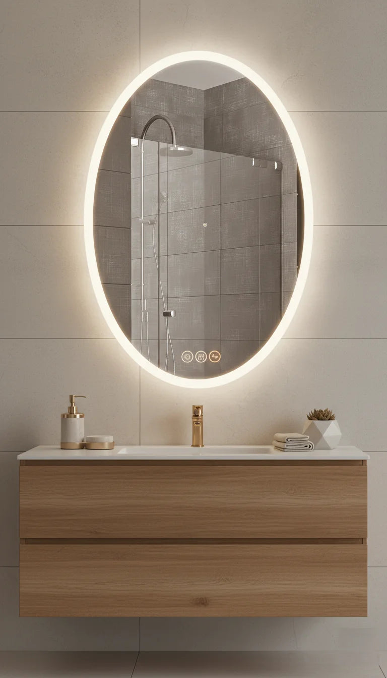 Sparkle Decors Silver Oval LED Bathroom Mirror with Bluetooth Speaker, Dimmer, Anti-Fog & 3-Tone Backlit Light – 70x50cm Wall Mount Mirror