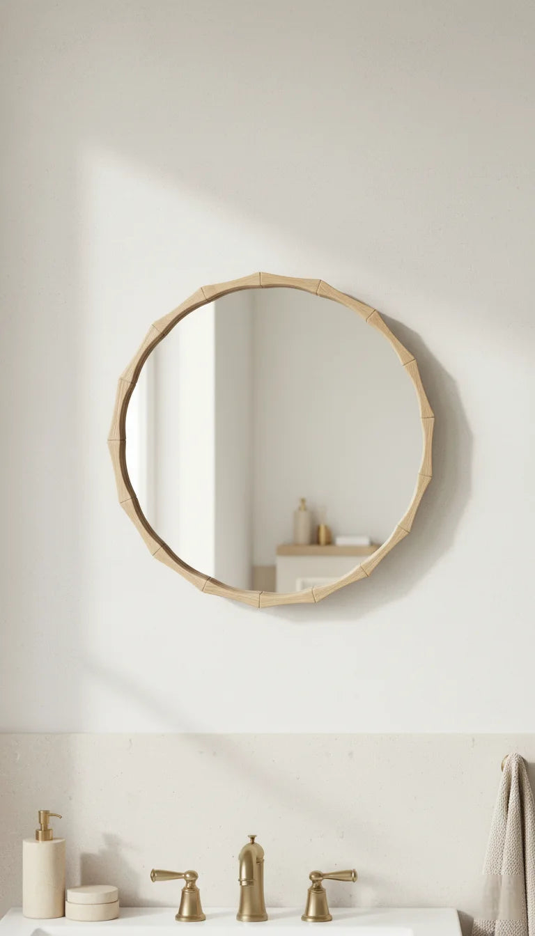 Sparkle Decors Bamboo Effect Round Wall Mirror – Natural Wood Style Hanging Mirror for Bathroom, Living Room & Bedroom (60–80cm)