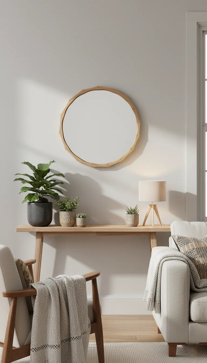 Sparkle Decors Bamboo Effect Round Wall Mirror – Natural Wood Style Hanging Mirror for Bathroom, Living Room & Bedroom (60–80cm)