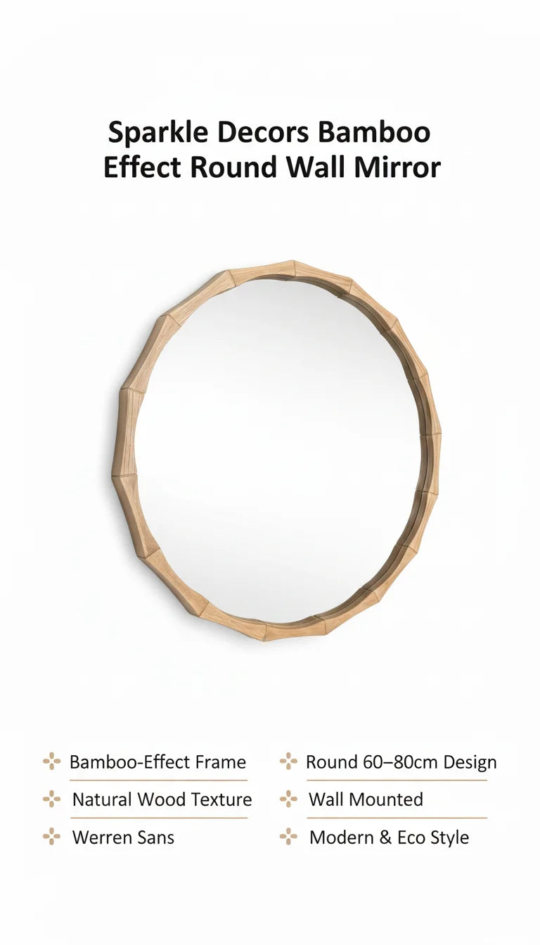 Sparkle Decors Bamboo Effect Round Wall Mirror – Natural Wood Style Hanging Mirror for Bathroom, Living Room & Bedroom (60–80cm)