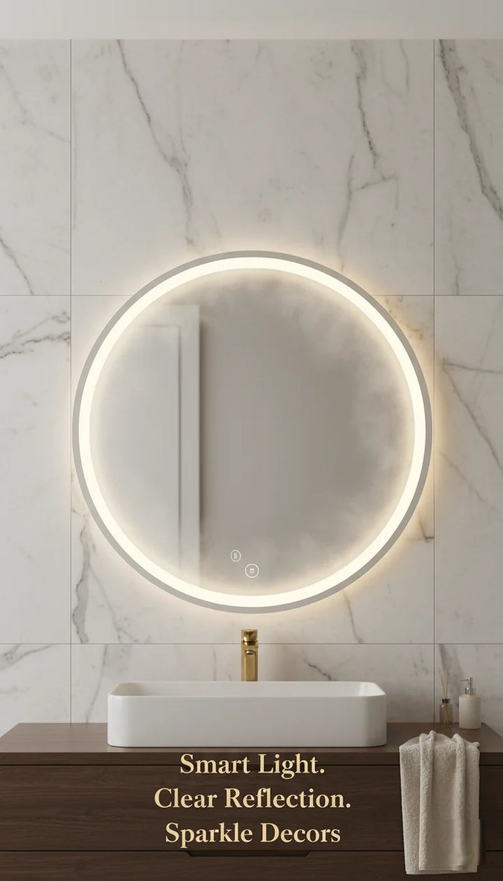 Sparkle Decors Silver Round LED Bathroom Mirror with Bluetooth, Anti-Fog Pad & Touch Dimmer – 60 cm