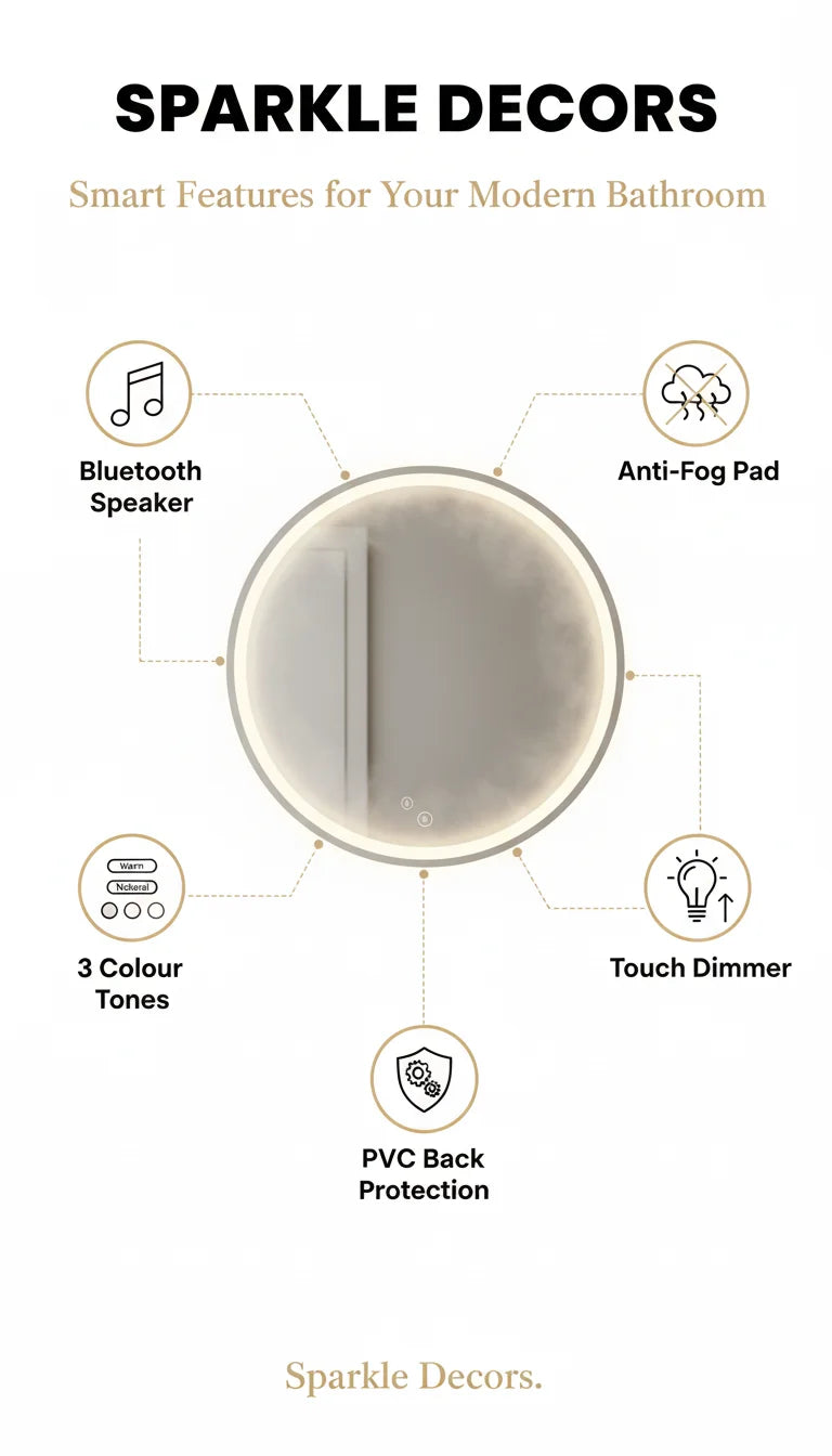 Sparkle Decors Silver Round LED Bathroom Mirror with Bluetooth, Anti-Fog Pad & Touch Dimmer – 60 cm
