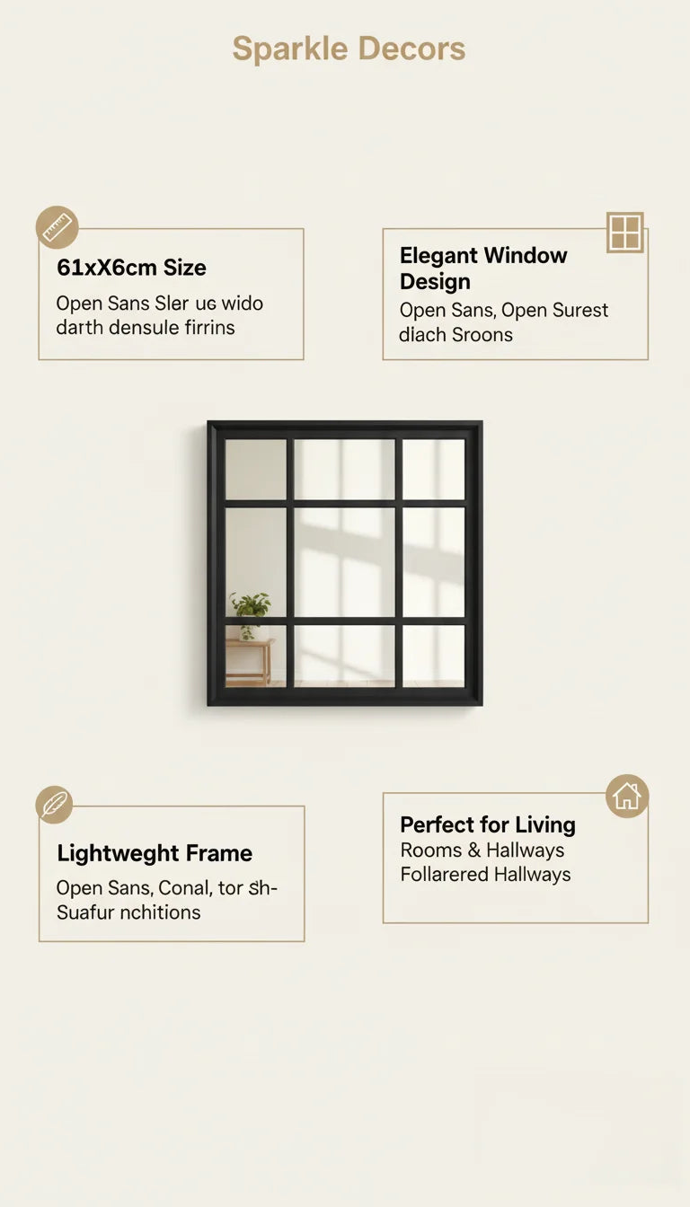 Sparkle Decors 61x61cm Black Square Window Style Wall Mirror – Elegant Decorative Home Mirror