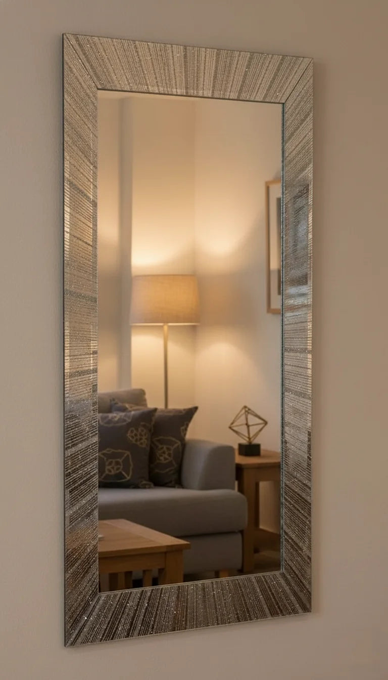 Sparkle Decors Silver Glitter Sunburst Rectangle Wall Mirror 110x40cm – Modern Decorative Frameless Mirror for Living Room & Hallway