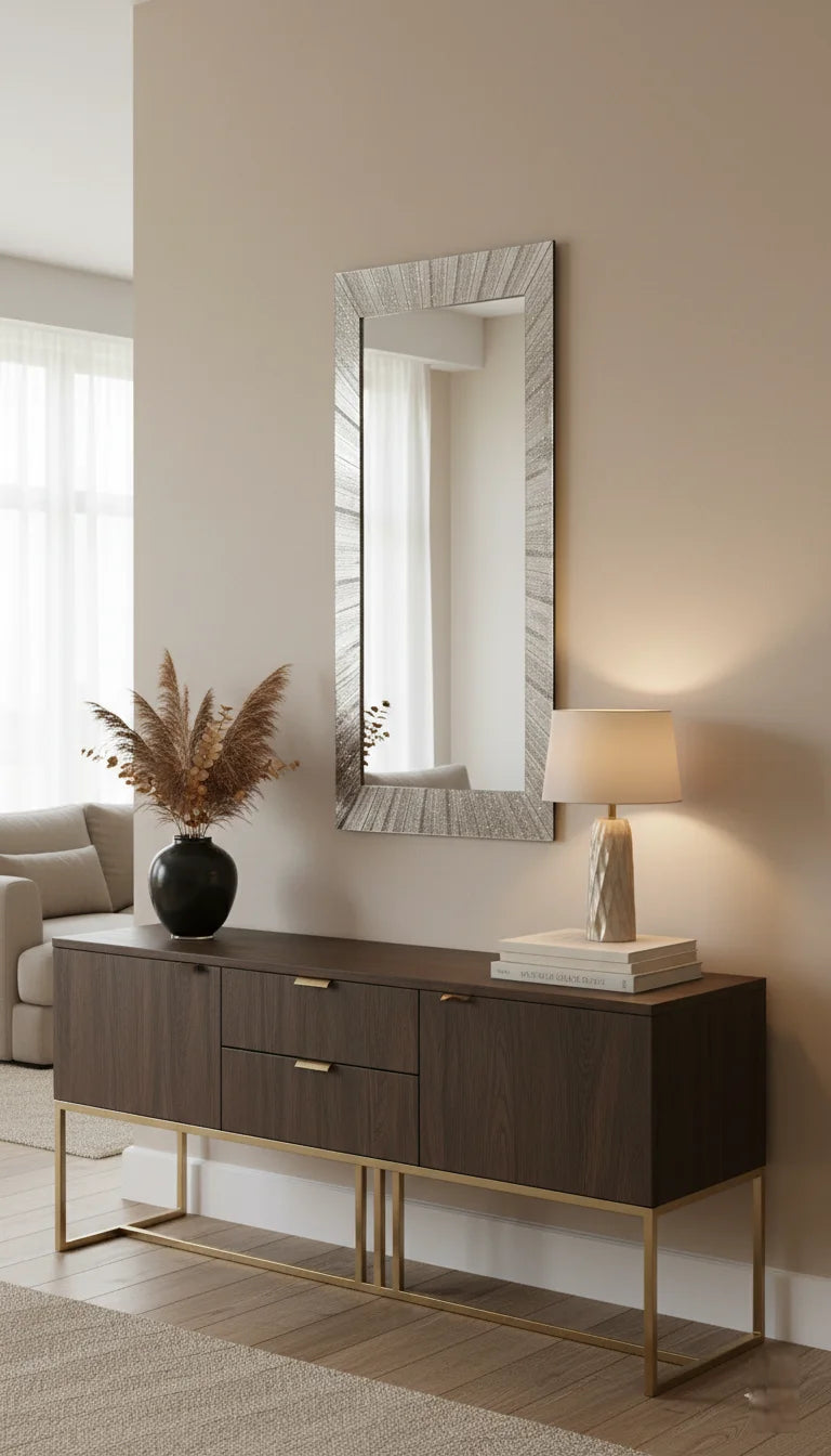 Sparkle Decors Silver Glitter Sunburst Rectangle Wall Mirror 110x40cm – Modern Decorative Frameless Mirror for Living Room & Hallway