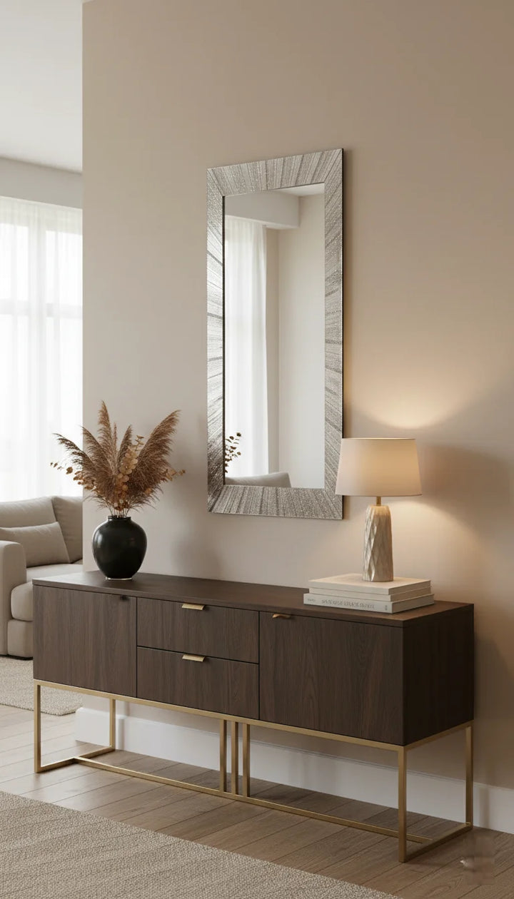 Sparkle Decors Silver Glitter Sunburst Rectangle Wall Mirror 110x40cm – Modern Decorative Frameless Mirror for Living Room & Hallway