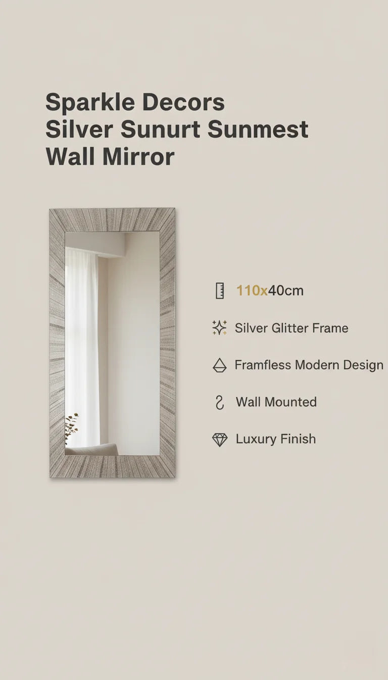 Sparkle Decors Silver Glitter Sunburst Rectangle Wall Mirror 110x40cm – Modern Decorative Frameless Mirror for Living Room & Hallway