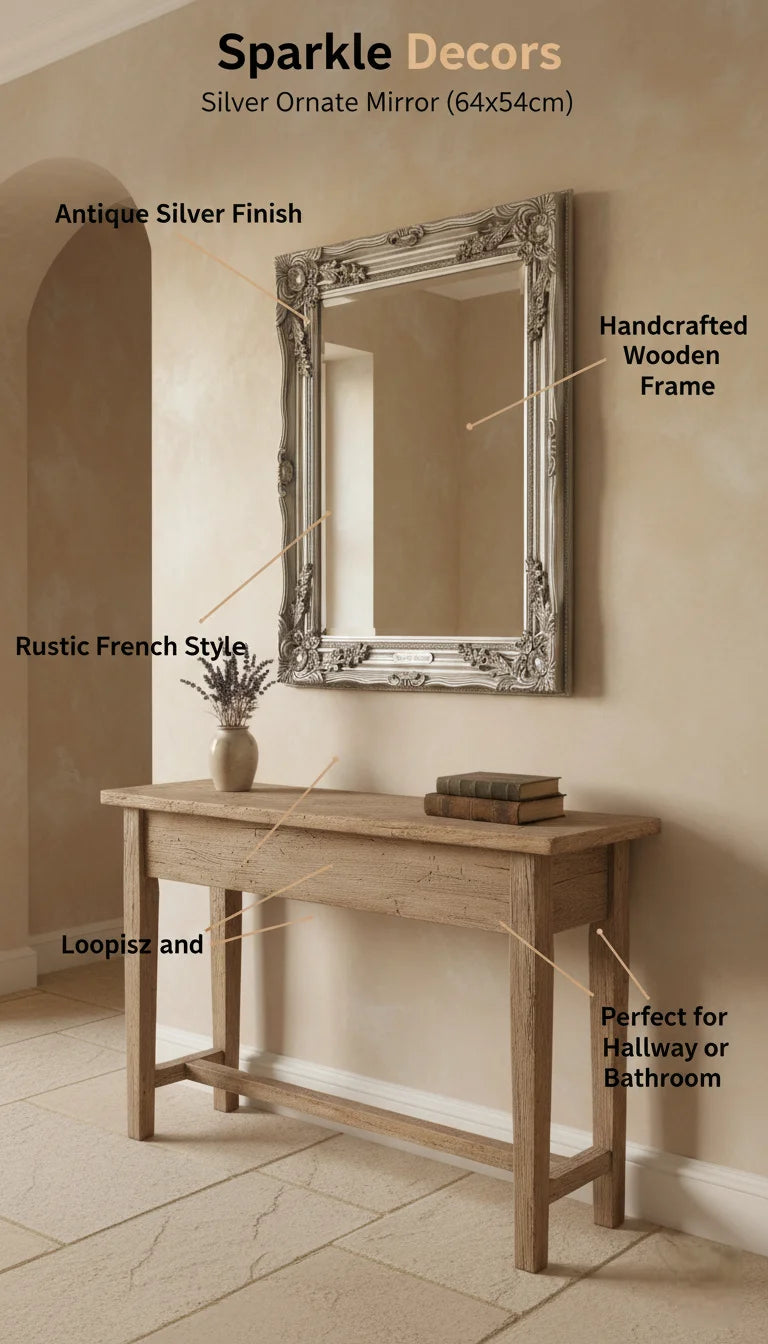 Sparkle Decors Large Silver Ornate Wall Mirror – Rustic French Wooden Frame for Hallway, Bathroom & Living Room (64x54cm)