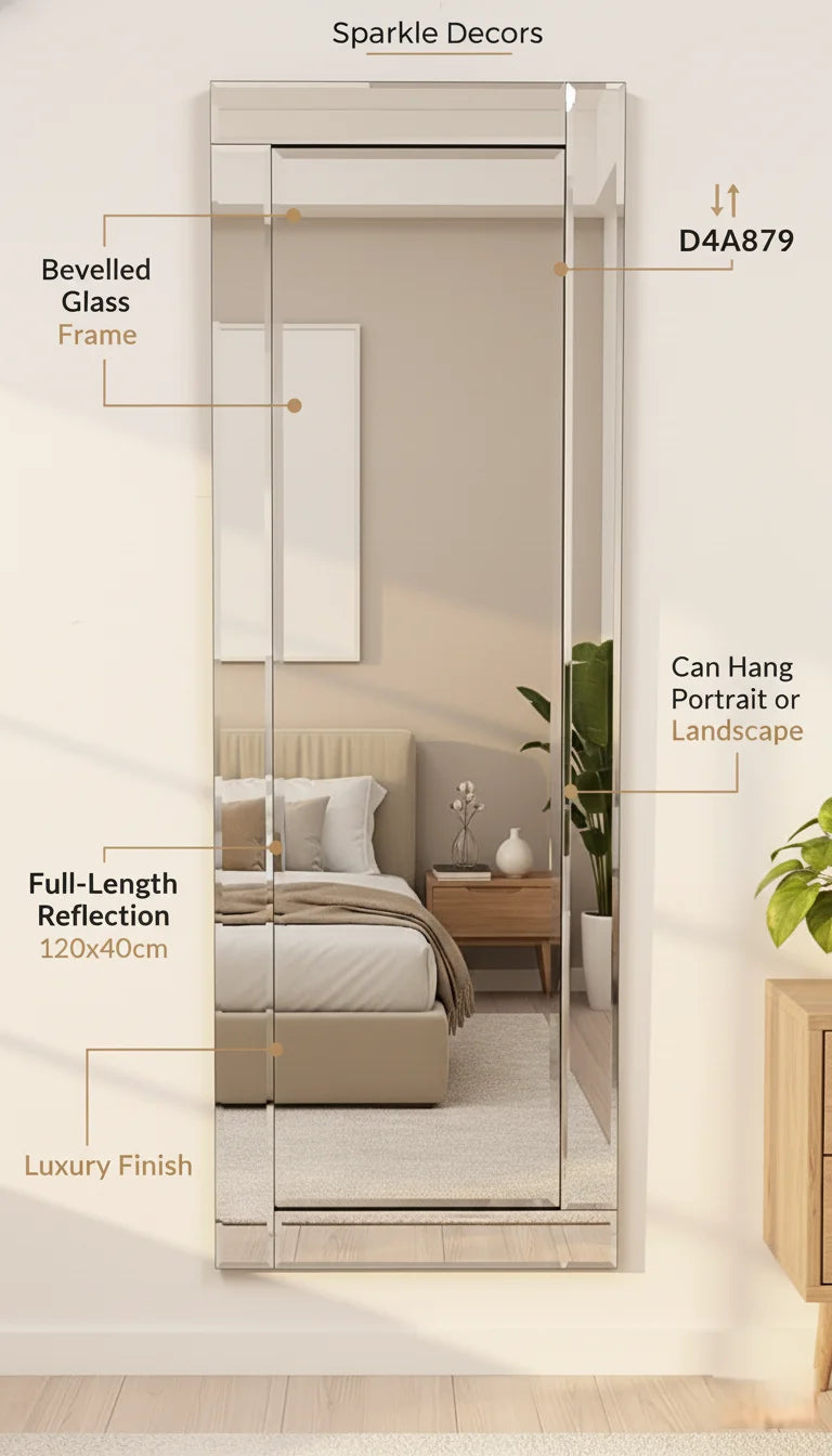 Sparkle Decors Blenheim Full-Length Silver Glass Bevelled Wall Mirror 120x40cm