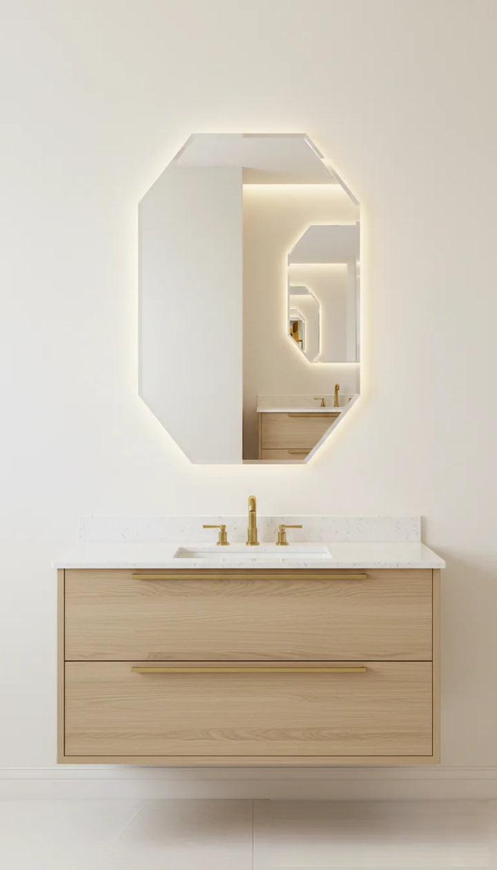 Sparkle Decors Octagonal Frameless Bathroom Mirror – Modern Bevelled Edge Wall Mirror 50x70cm