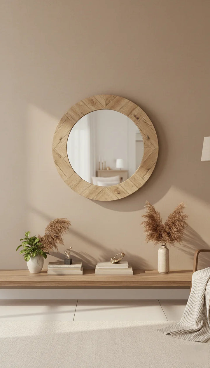 Sparkle Decors 50cm Round Wooden Wall Mirror – Minimalist Natural Frame for Bathroom & Living Room