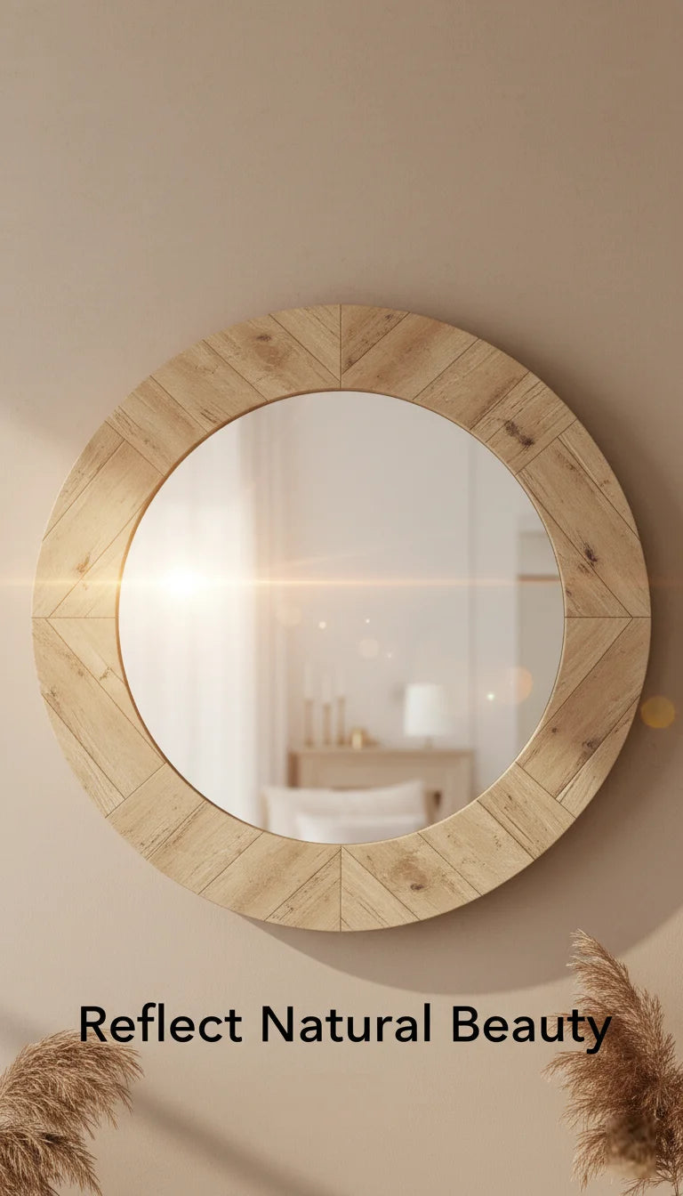 Sparkle Decors 50cm Round Wooden Wall Mirror – Minimalist Natural Frame for Bathroom & Living Room