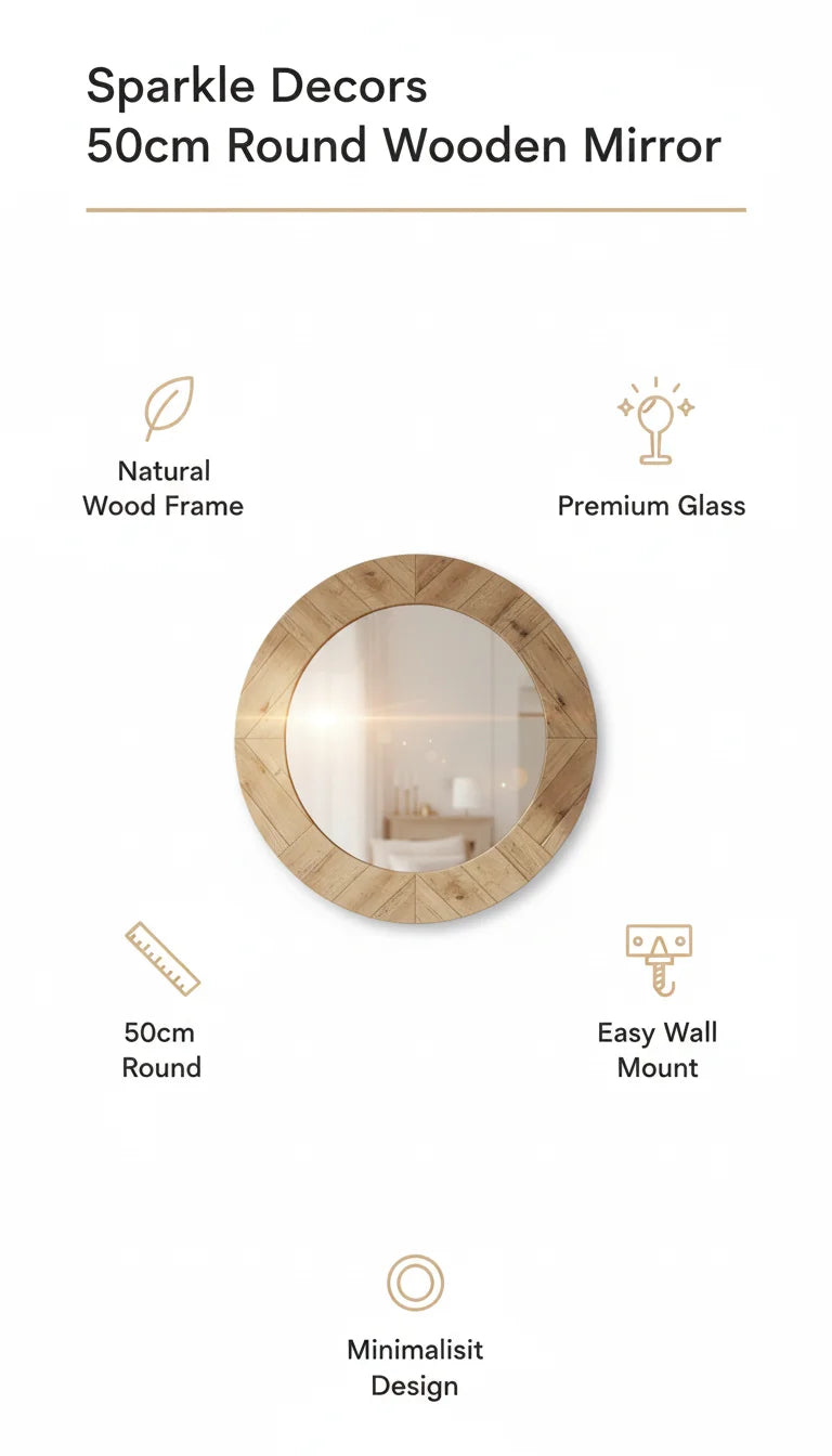Sparkle Decors 50cm Round Wooden Wall Mirror – Minimalist Natural Frame for Bathroom & Living Room