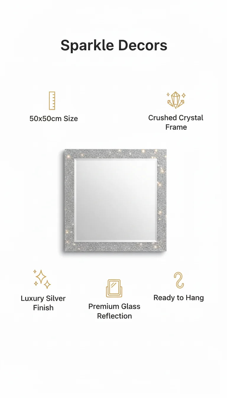 Sparkle Decors 50x50cm Crushed Jewel Square Wall Mirror – Luxury Crystal Decor Mirror for Home, Bedroom & Bathroom